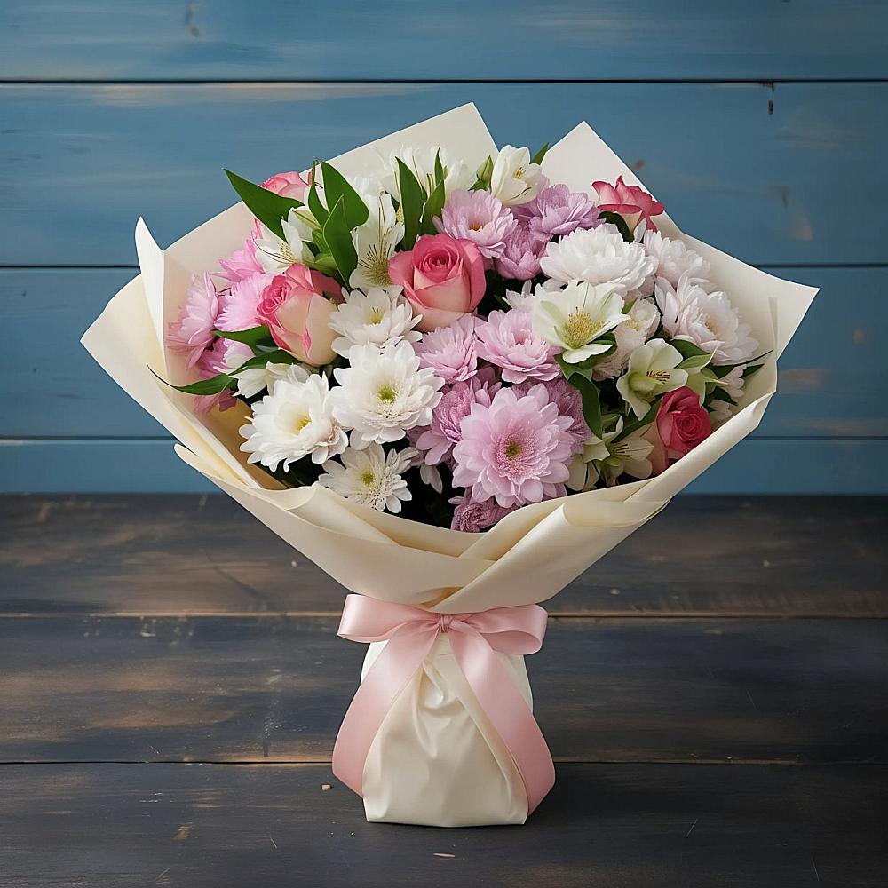 Букет цветов из: Хризантемы, Альстромерии и Розы в Селижарово